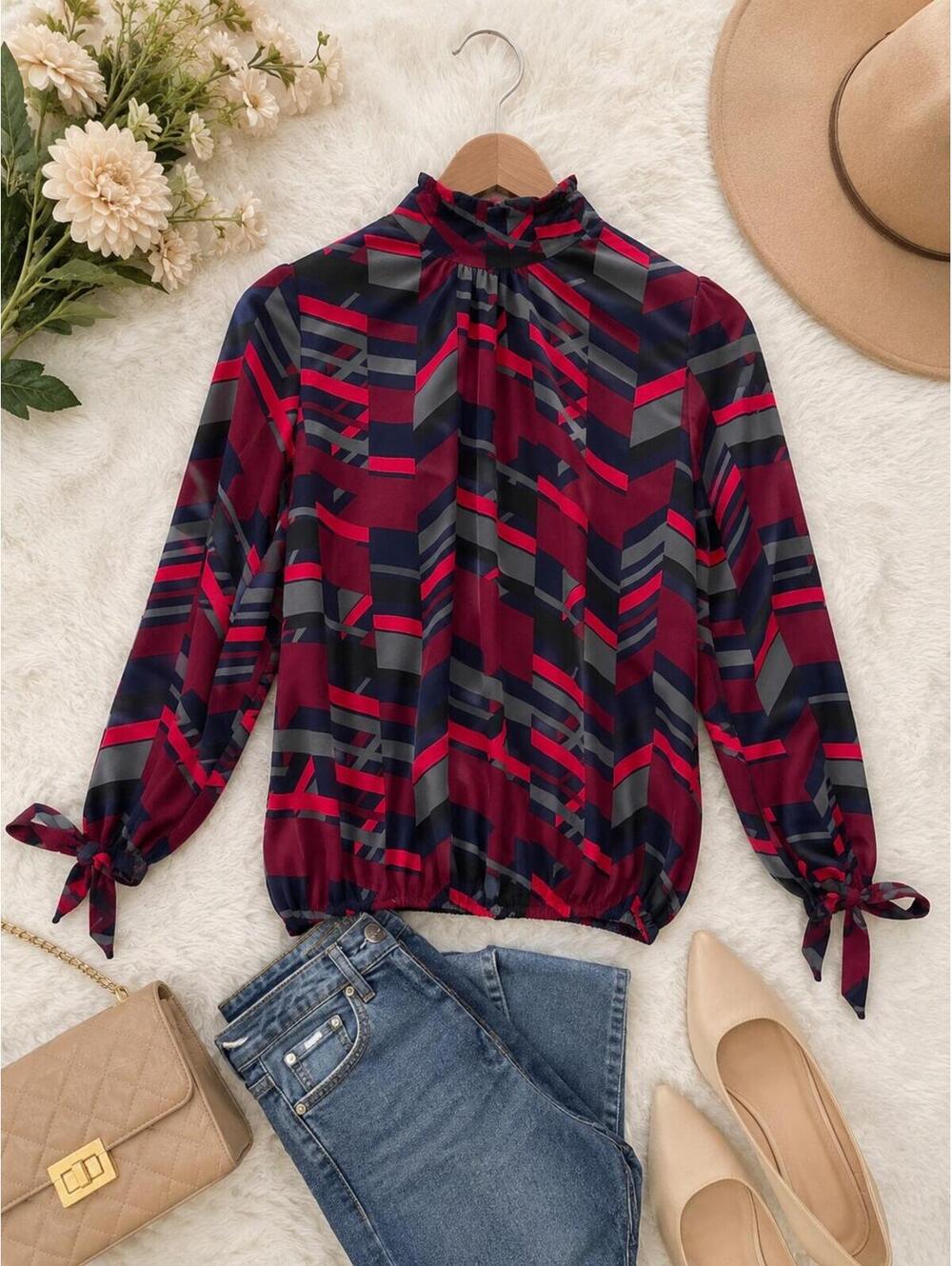 Allison Joy Geometric Mock Neck Tie Sleeve Blouse XS Red Blue Career Top